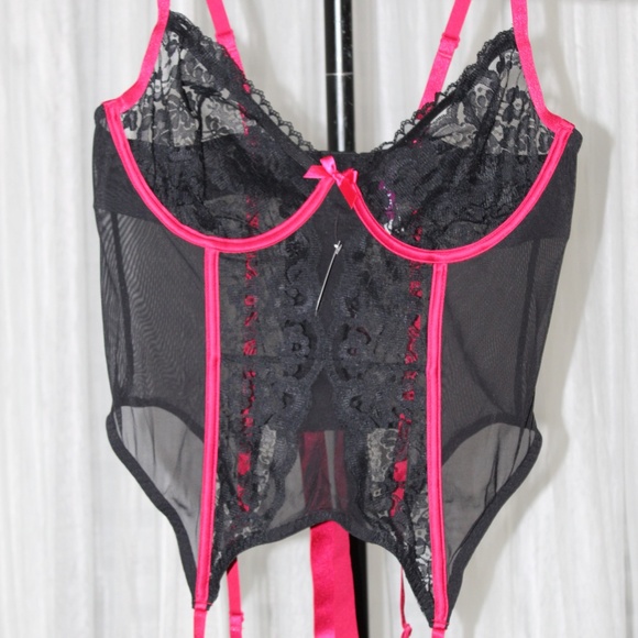 Adore Me. Black & Hot Pink Lace Bustier Corset with Garters.  Various Sizes - Picture 3 of 8